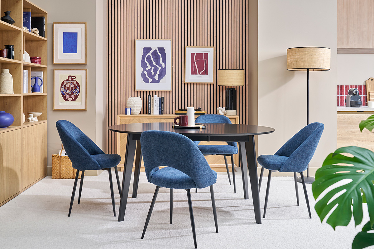 Sillas vintage de tela efecto terciopelo texturado azul oscuro y metal negro (juego de 2) COSETTE