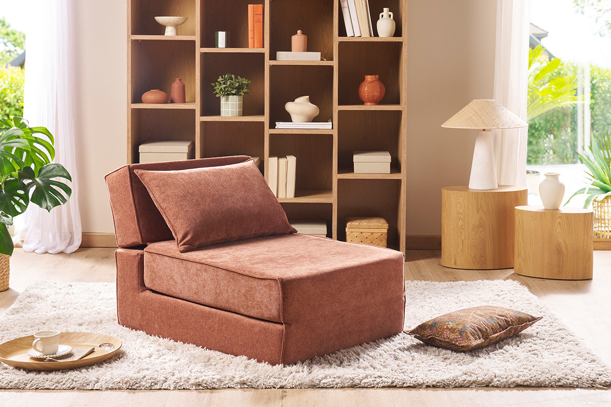 Sillón cama de 1 plaza de tejido efecto aterciopelado color topo VICTOR