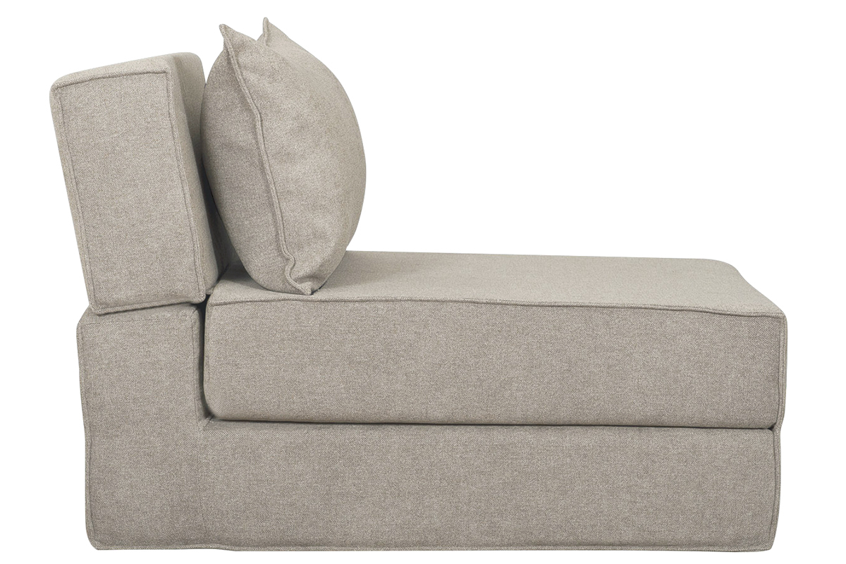 Silla convertible en tela efecto terciopelo gris, vista lateral.