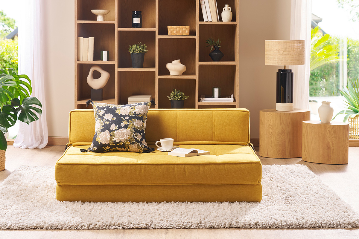 Silln cama de 2 plazas de tejido efecto aterciopelado amarillo mostaza KATY