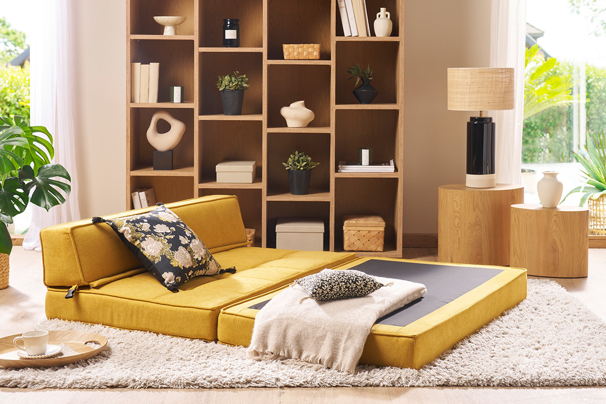 Silln cama de 2 plazas de tejido efecto aterciopelado amarillo mostaza KATY