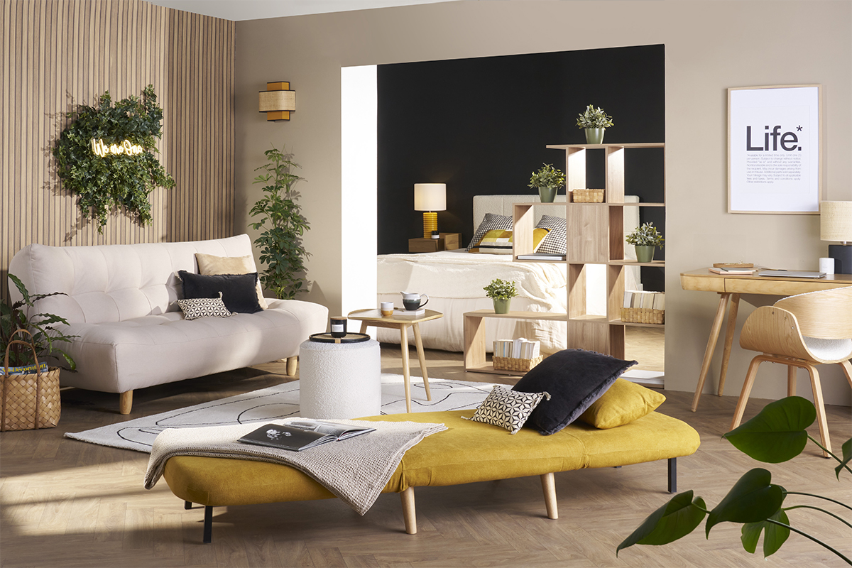 Silln cama nrdico de tela amarillo mostaza AMIKO