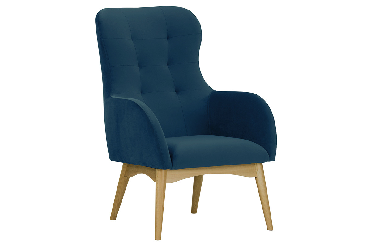 Silln capiton terciopelo azul marino y madera LEONIE