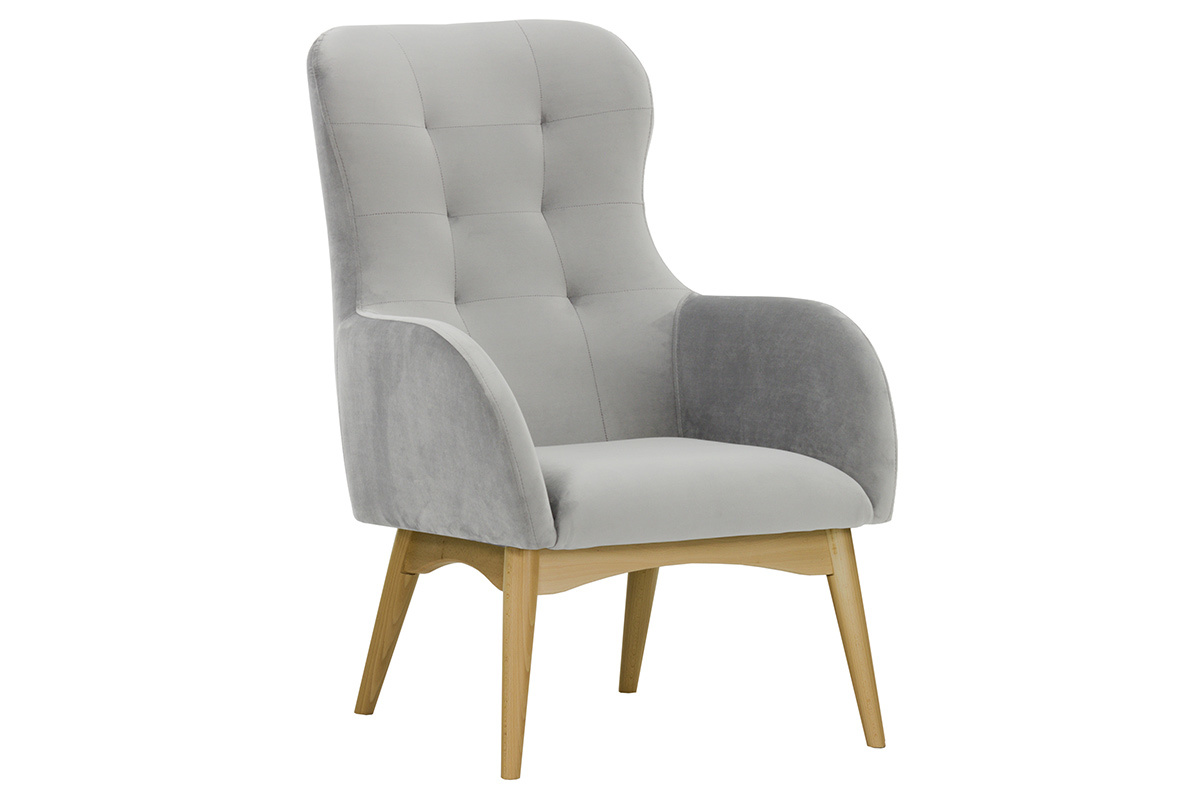 Silln capiton terciopelo gris y madera LEONIE