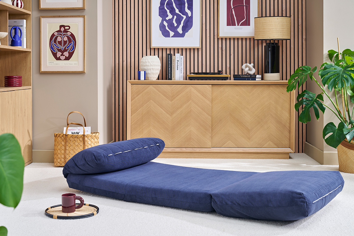 Sill�n convertible de 1 plaza en tela de terciopelo acanalado azul oscuro SPENCER