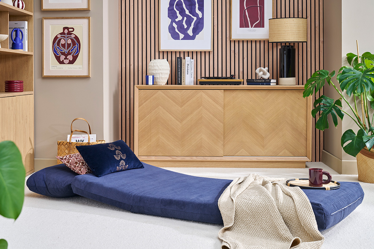 Sill�n convertible de 1 plaza en tela de terciopelo acanalado azul oscuro SPENCER