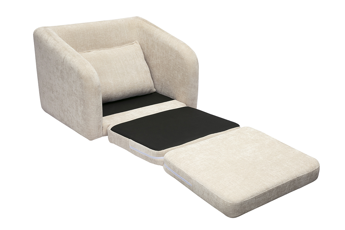 Silln convertible beige efecto terciopelo texturado con colchn desplegado.