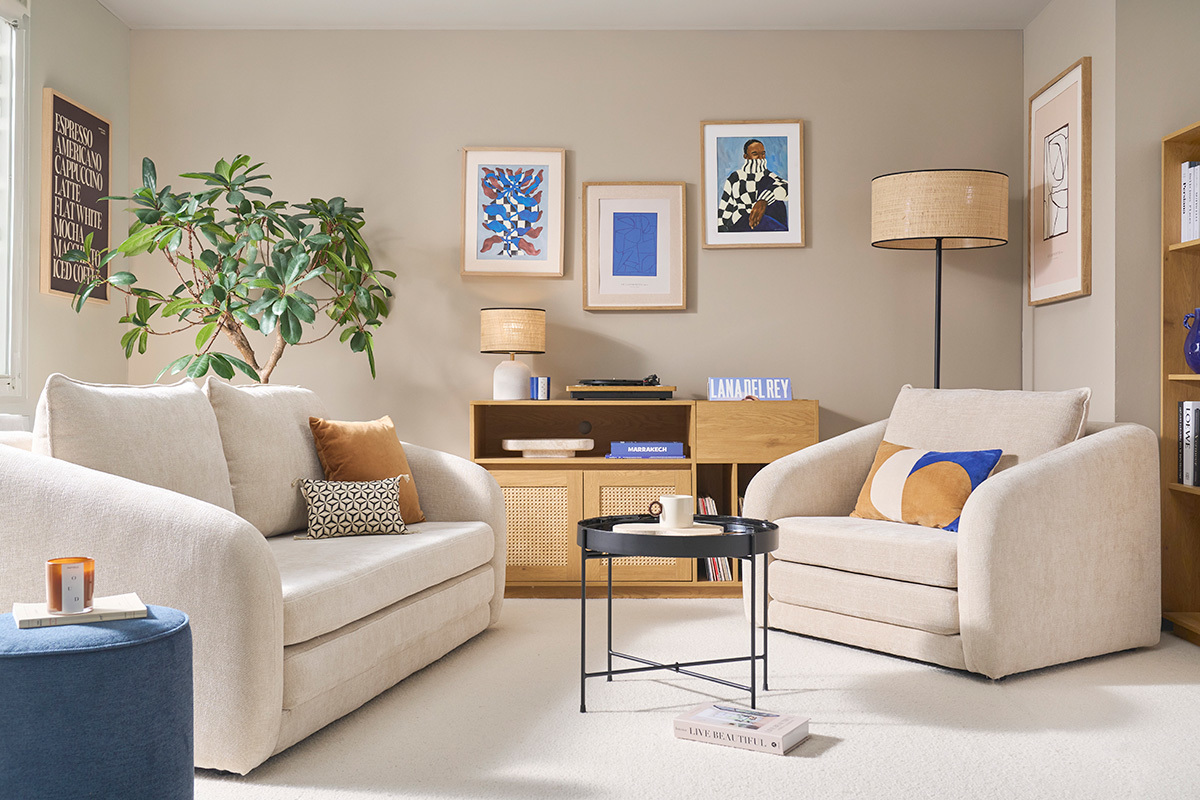 Sill�n convertible en tejido efecto terciopelo texturizado beige MAHAUT