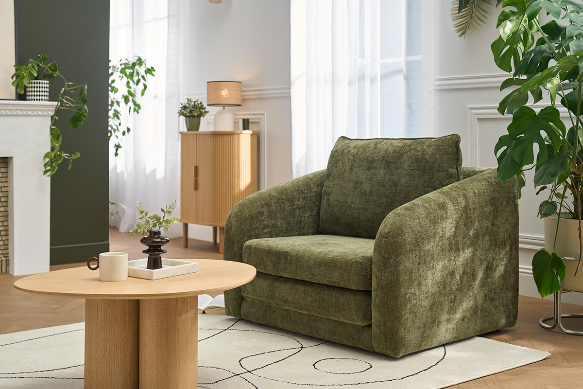 Sill�n convertible en tela efecto terciopelo texturizado verde caqui MAHAUT