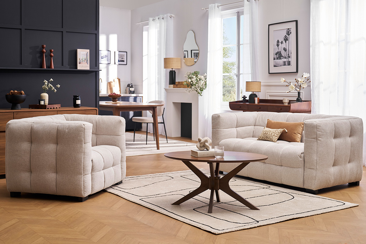 Silln de diseo en tela efecto terciopelo texturizado beige CORTO