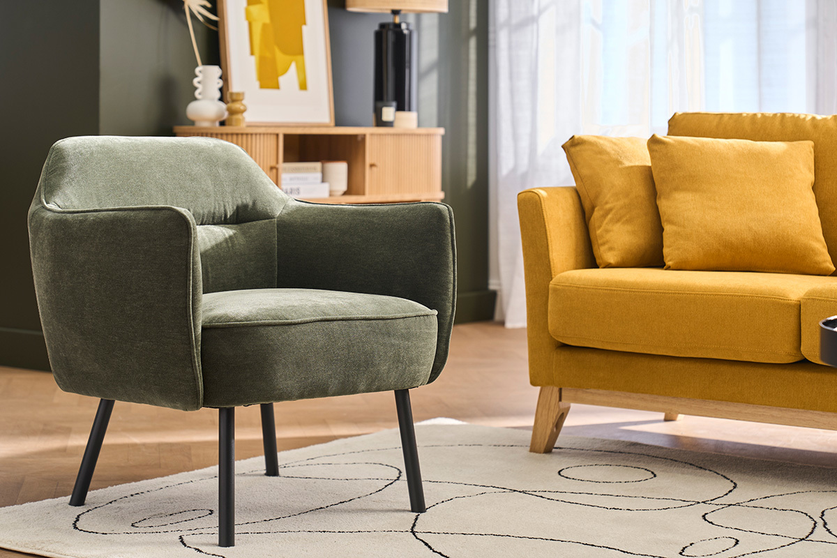 Sill�n de dise�o en tela efecto terciopelo verde caqui y metal negro LAURENS