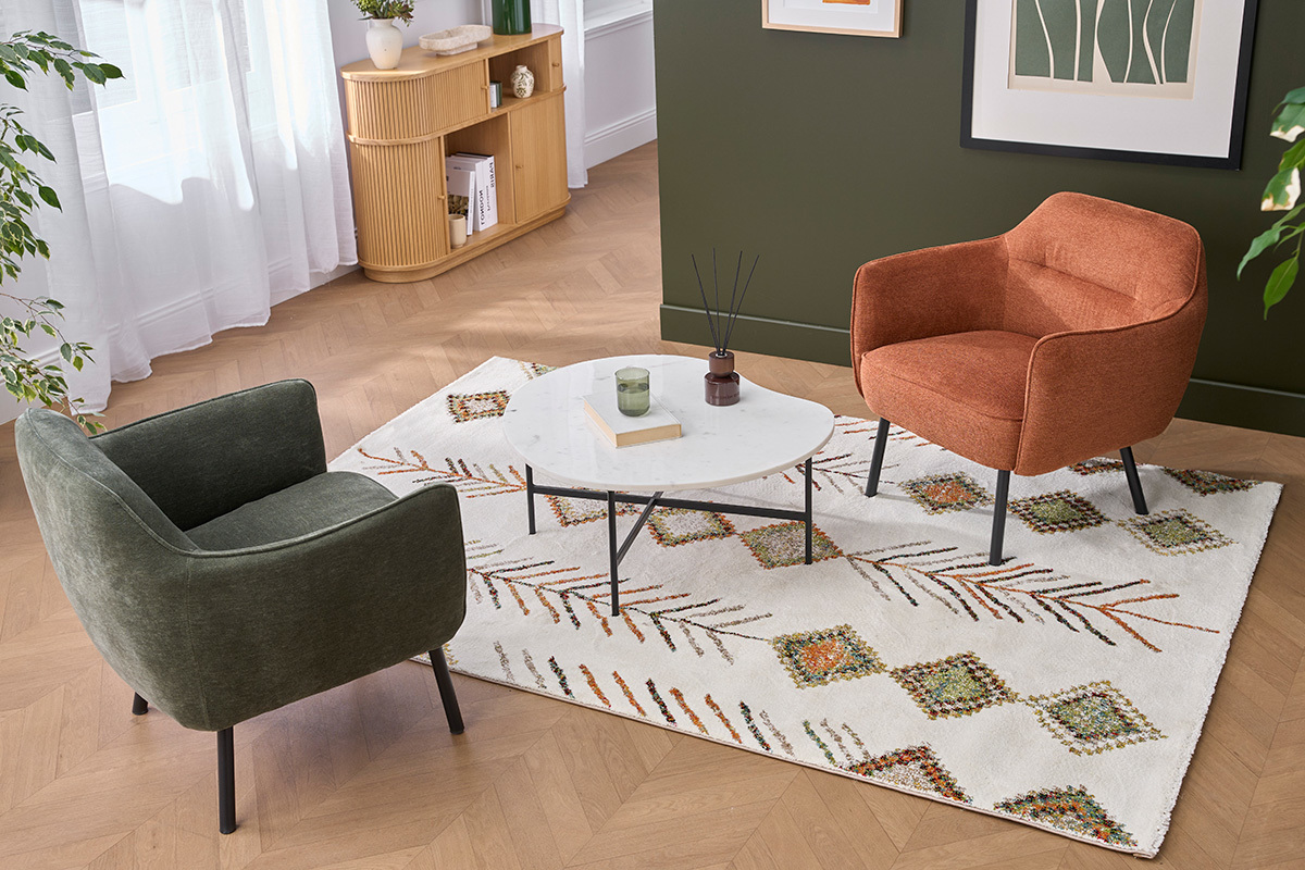 Sill�n de dise�o en tela efecto terciopelo verde caqui y metal negro LAURENS