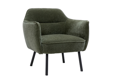 Sillón de diseño en tela efecto terciopelo verde caqui y metal negro LAURENS