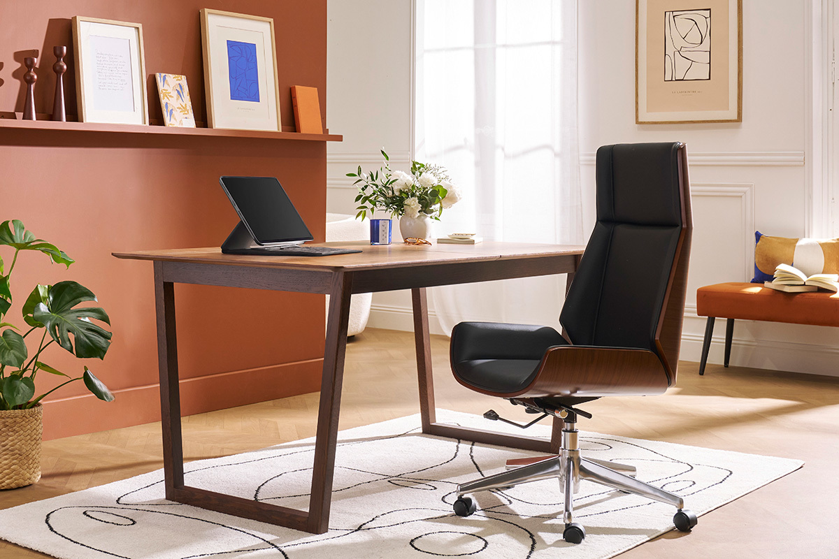 Silln de escritorio moderno madera oscura y negro CURVED
