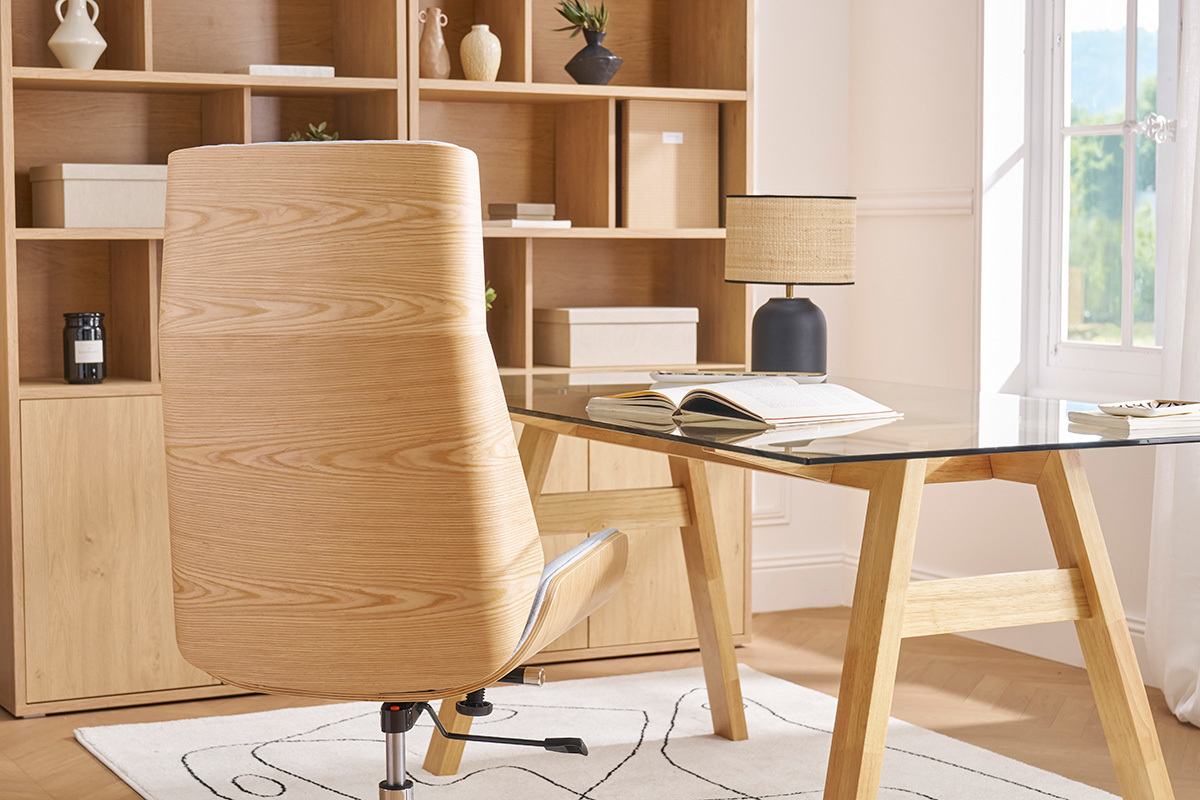 Silln de escritorio moderno tejido gris y madera clara CURVED