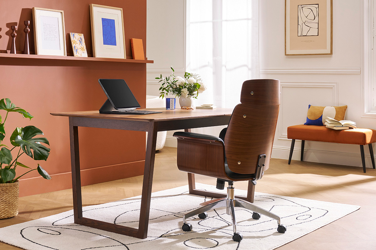 Silln de escritorio negro y madera oscura ELON