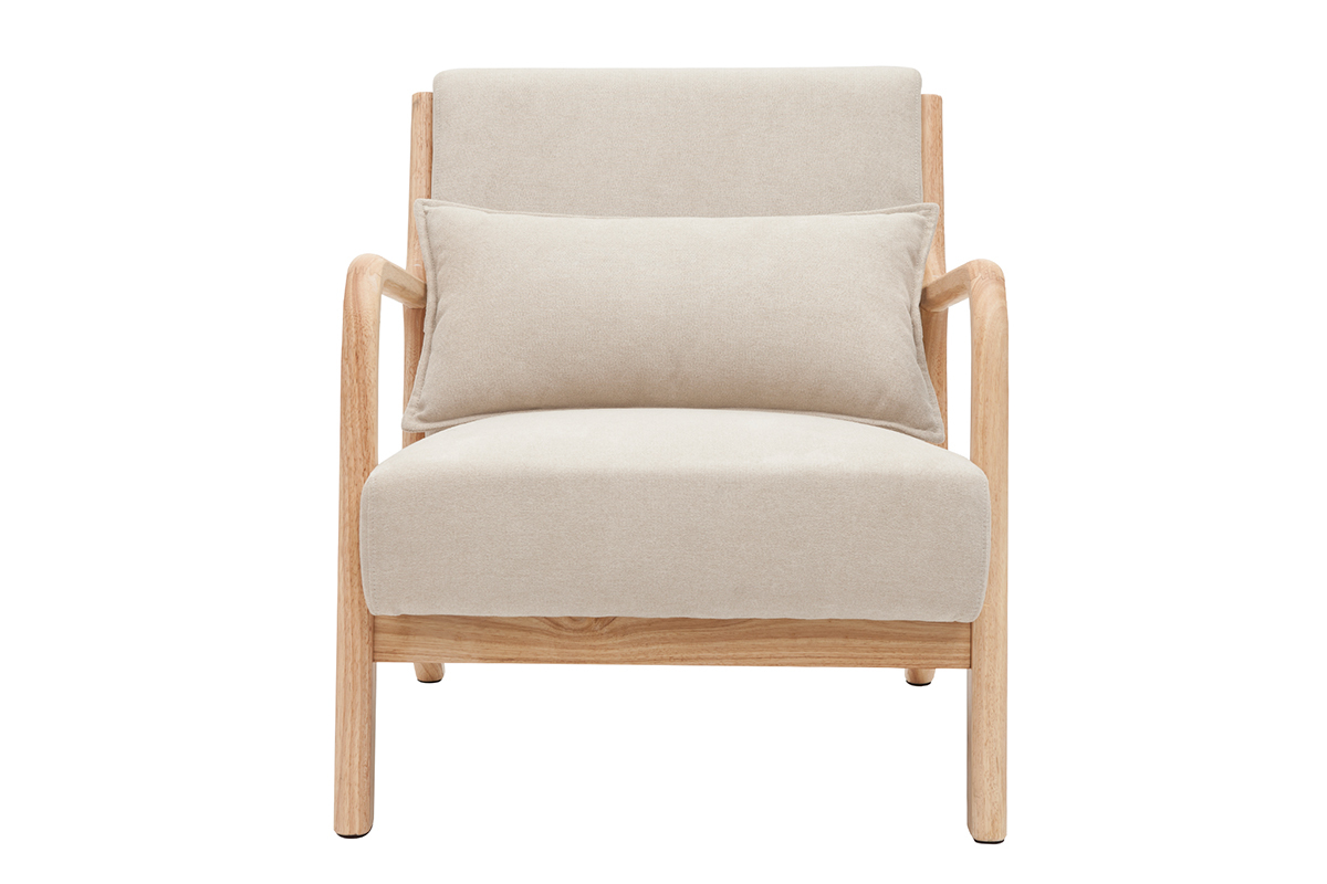 Silln de madera clara y tela efecto aterciopelado beige DERRY