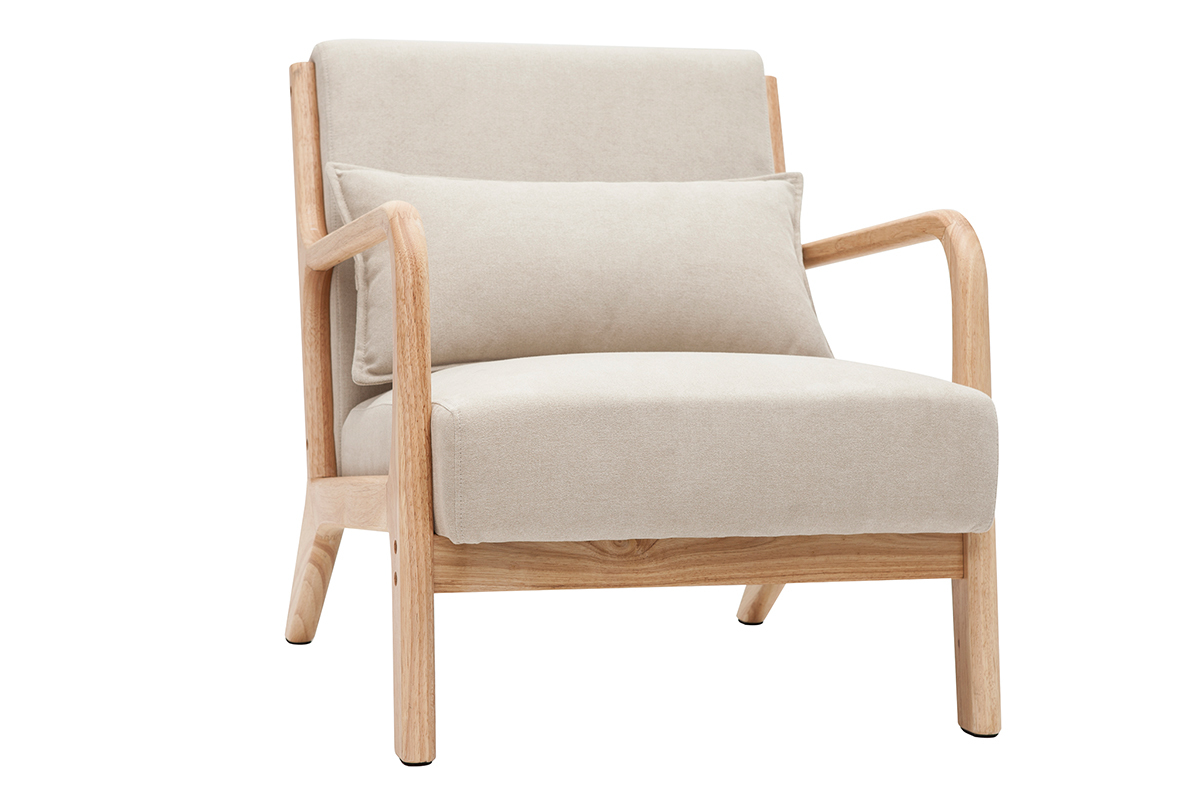 Silln de madera clara y tela efecto aterciopelado beige DERRY