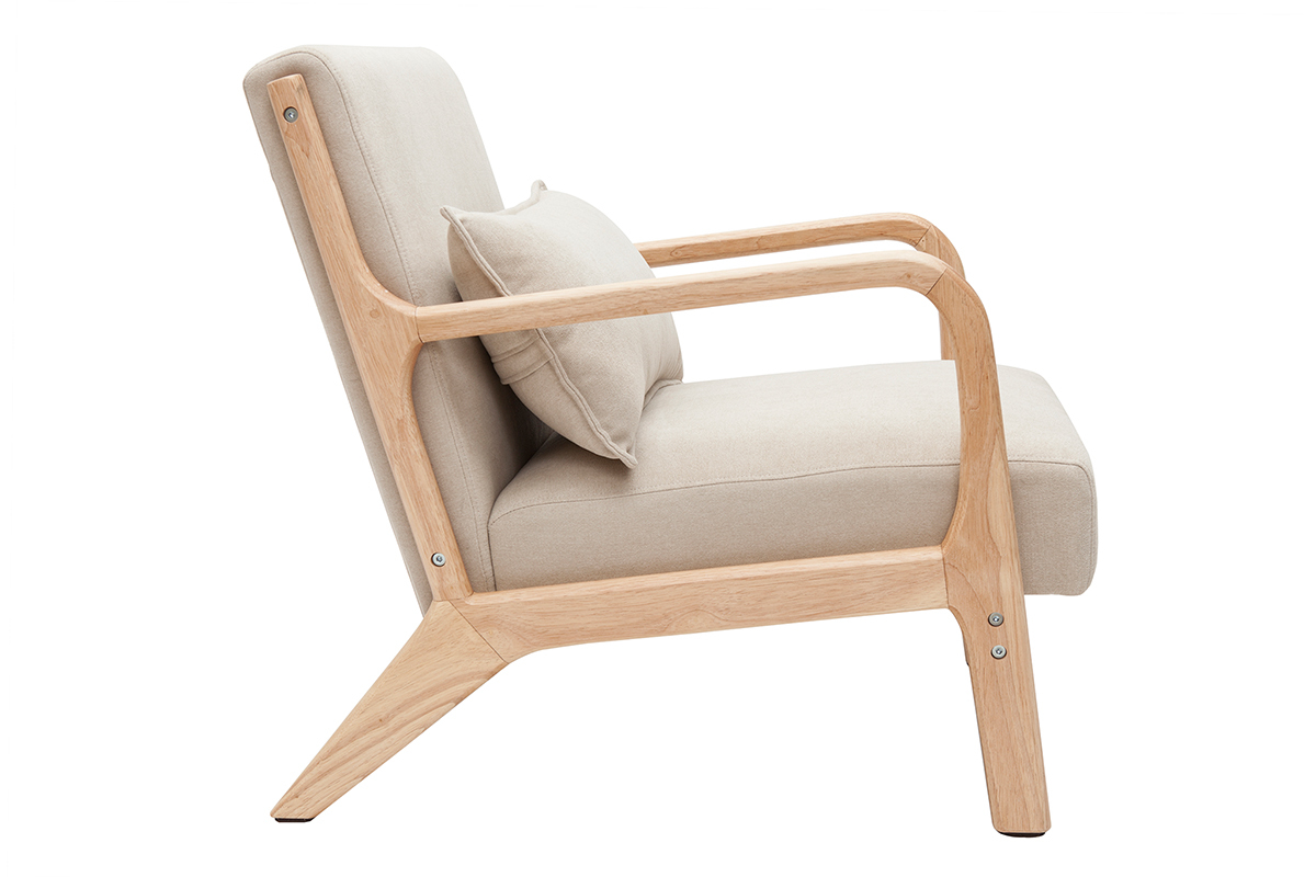 Silln de madera clara y tela efecto aterciopelado beige DERRY