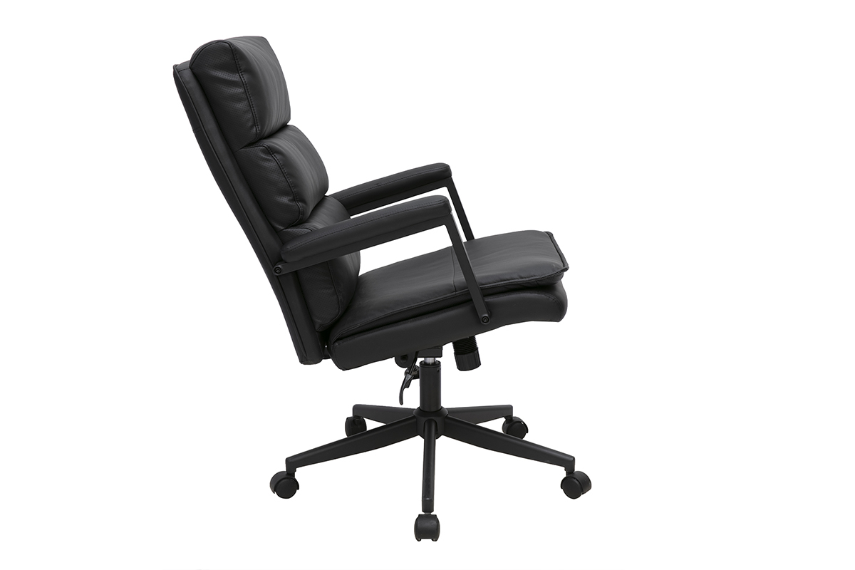 Silla de oficina negra SAEL vista de perfil inclinada, con reposabrazos y ruedas.