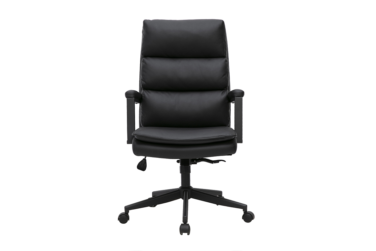Silla de oficina con ruedas negra SAEL, vista frontal, con reposabrazos y asiento acolchado.
