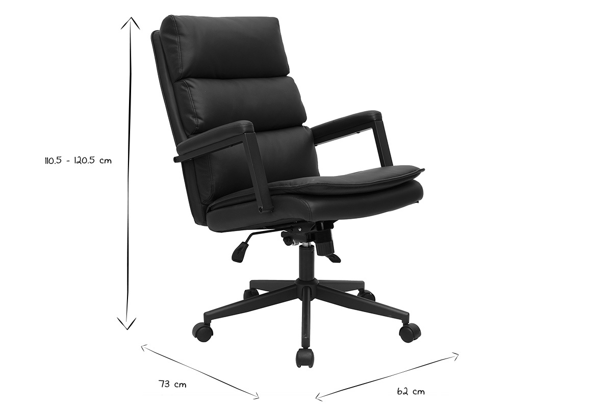 Silla de oficina con ruedas negra SAEL con dimensiones en blanco y negro, vista lateral.