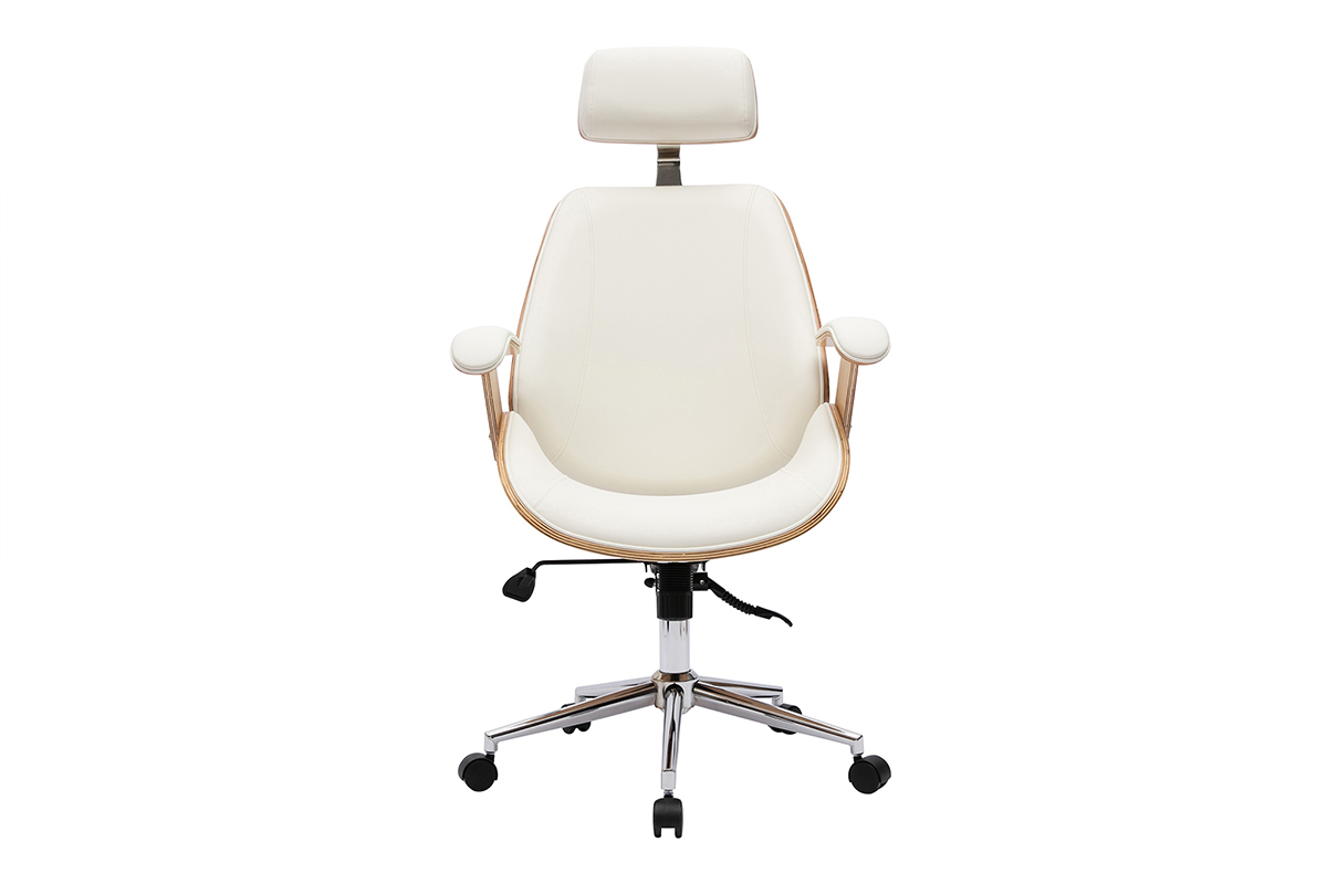 Silln de oficina de direccin de diseo blanco, madera clara y acero cromado MUSK