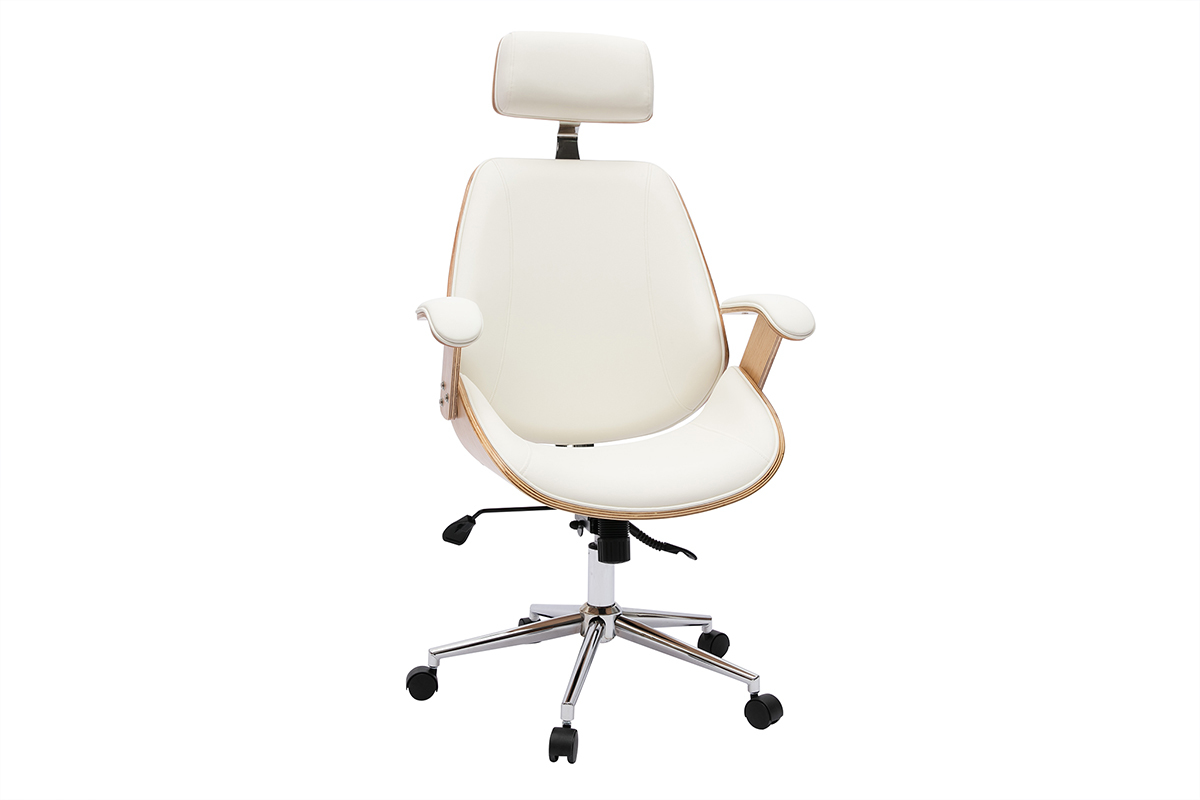 Silln de oficina de direccin de diseo blanco, madera clara y acero cromado MUSK