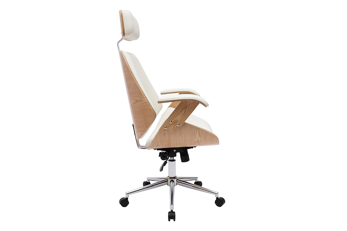 Silln de oficina de direccin de diseo blanco, madera clara y acero cromado MUSK