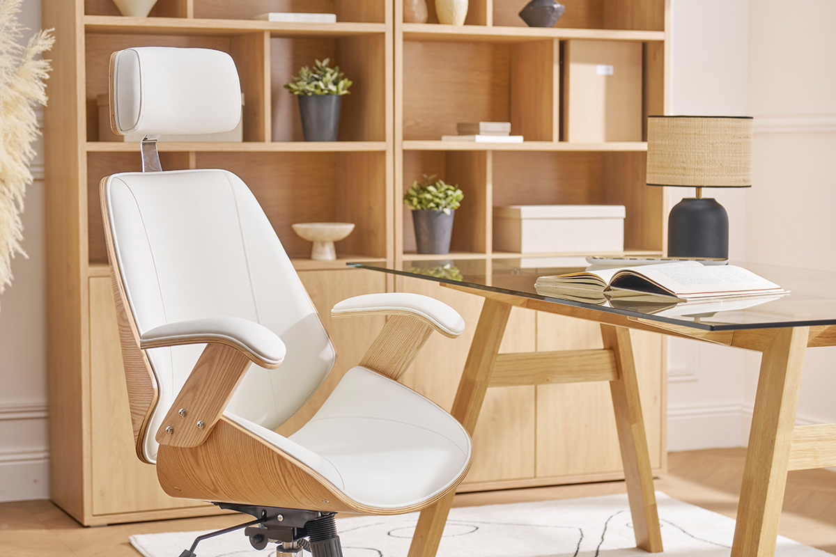 Silln de oficina de direccin de diseo blanco, madera clara y acero cromado MUSK