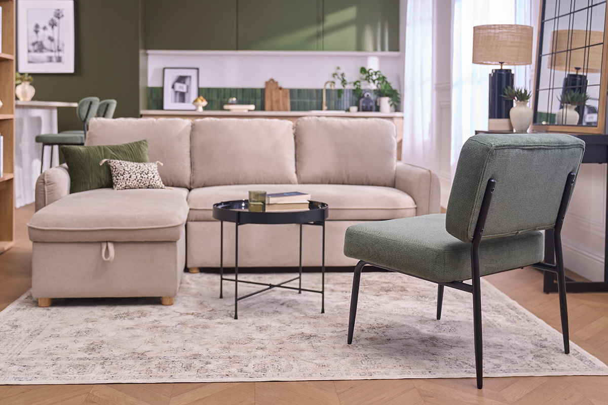 Sill�n de tejido chenilla verde caqui y metal negro VEDANA