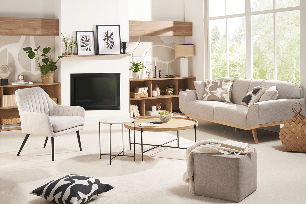 Silln de tejido efecto aterciopelado texturizado beige y metal GASTON