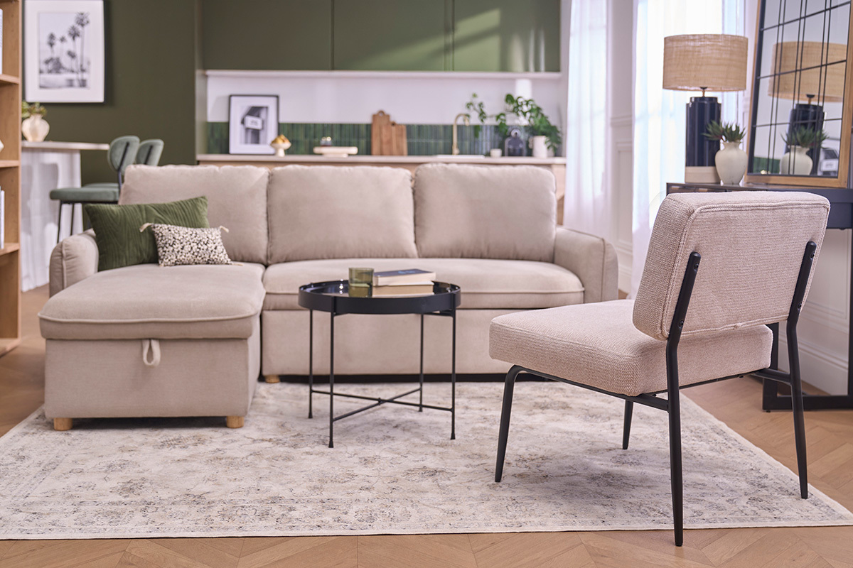 Sill�n de tela chenilla beige y metal negro VEDANA