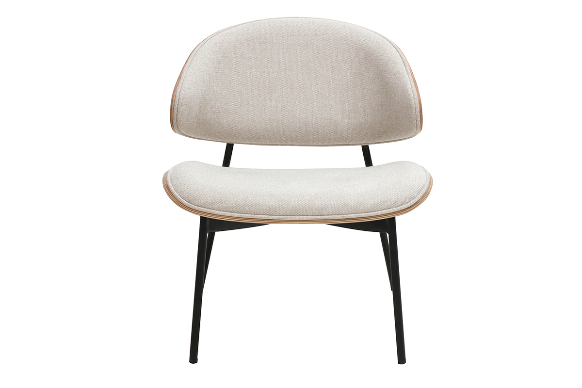 Silln beige de tela efecto terciopelo con patas de metal negro, vista frontal.