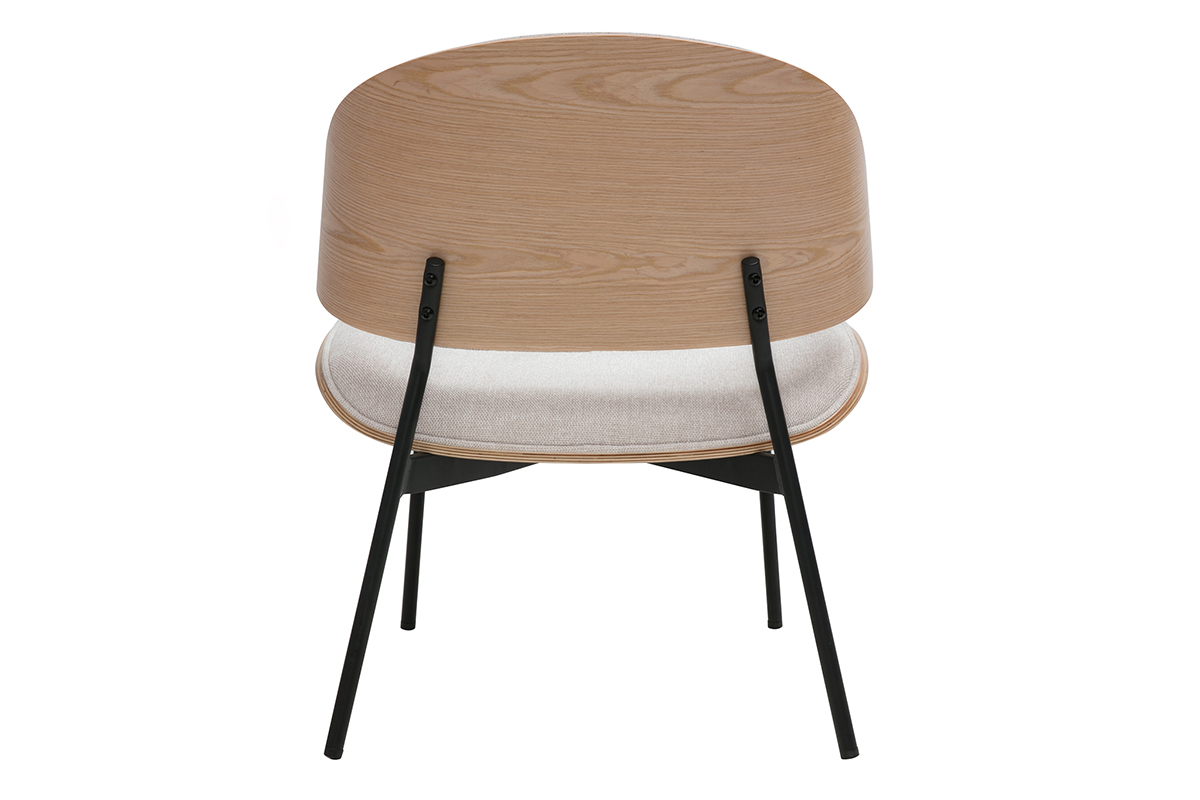 Silla FABULO vista desde atrs, respaldo de madera clara, asiento beige, patas de metal negro.
