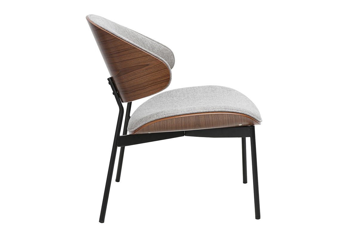 Silln de tela efecto terciopelo texturizado gris, madera oscura y metal negro FABULO