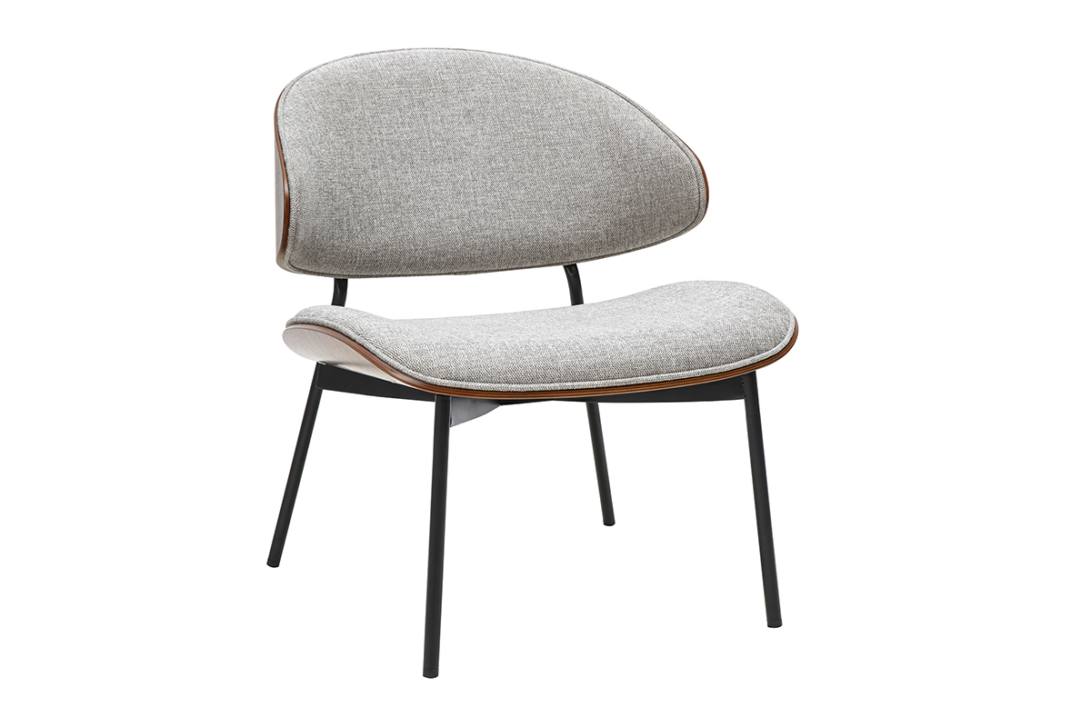 Silln de tela efecto terciopelo texturizado gris, madera oscura y metal negro FABULO