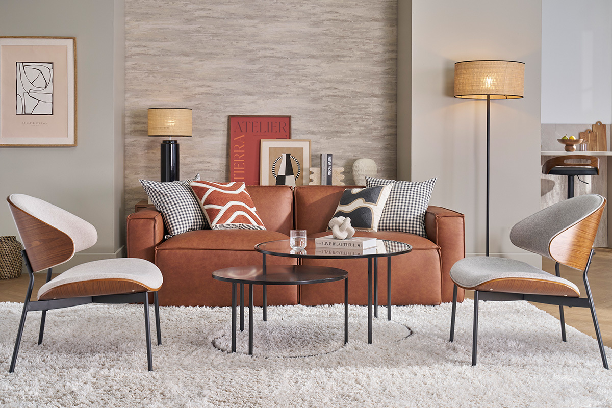 Sill�n de tela efecto terciopelo texturizado gris, madera oscura y metal negro FABULO