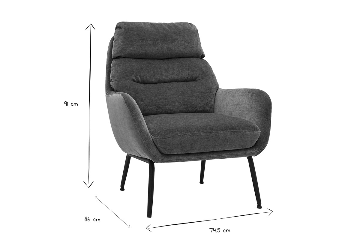 Dimensiones del sill�n BENI: An74,5 x Pr86 x Al91 cm, dibujo en blanco y negro.