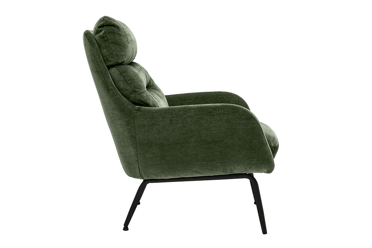 Sill�n de tela efecto terciopelo verde caqui y metal negro, vista de perfil