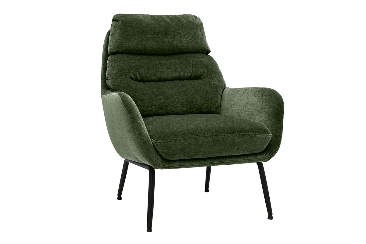 Sill�n de tela efecto terciopelo verde caqui y metal negro BENI