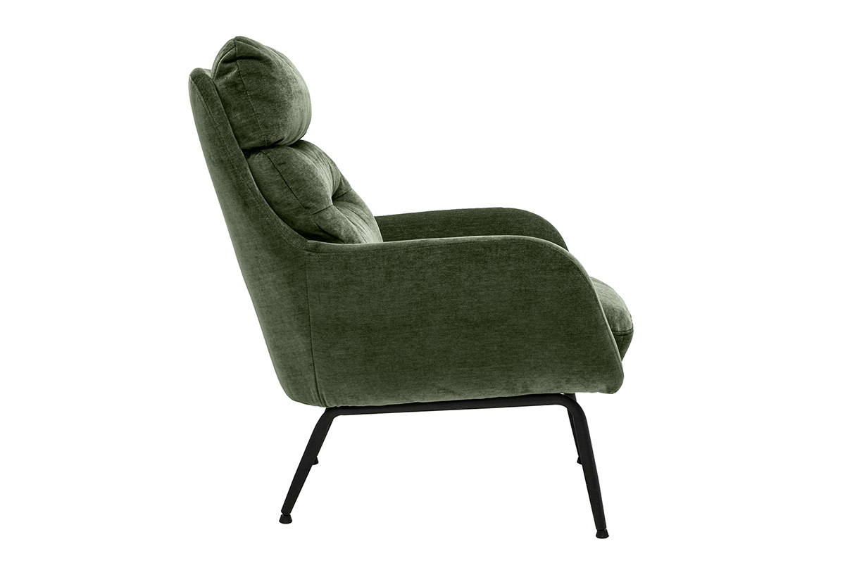 Sill�n de tela efecto terciopelo verde caqui y metal negro BENI