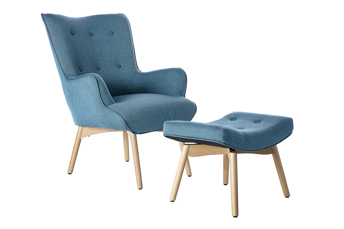 Silln diseo escandinavo y reposapis azul petrleo y madera clara BRISTOL