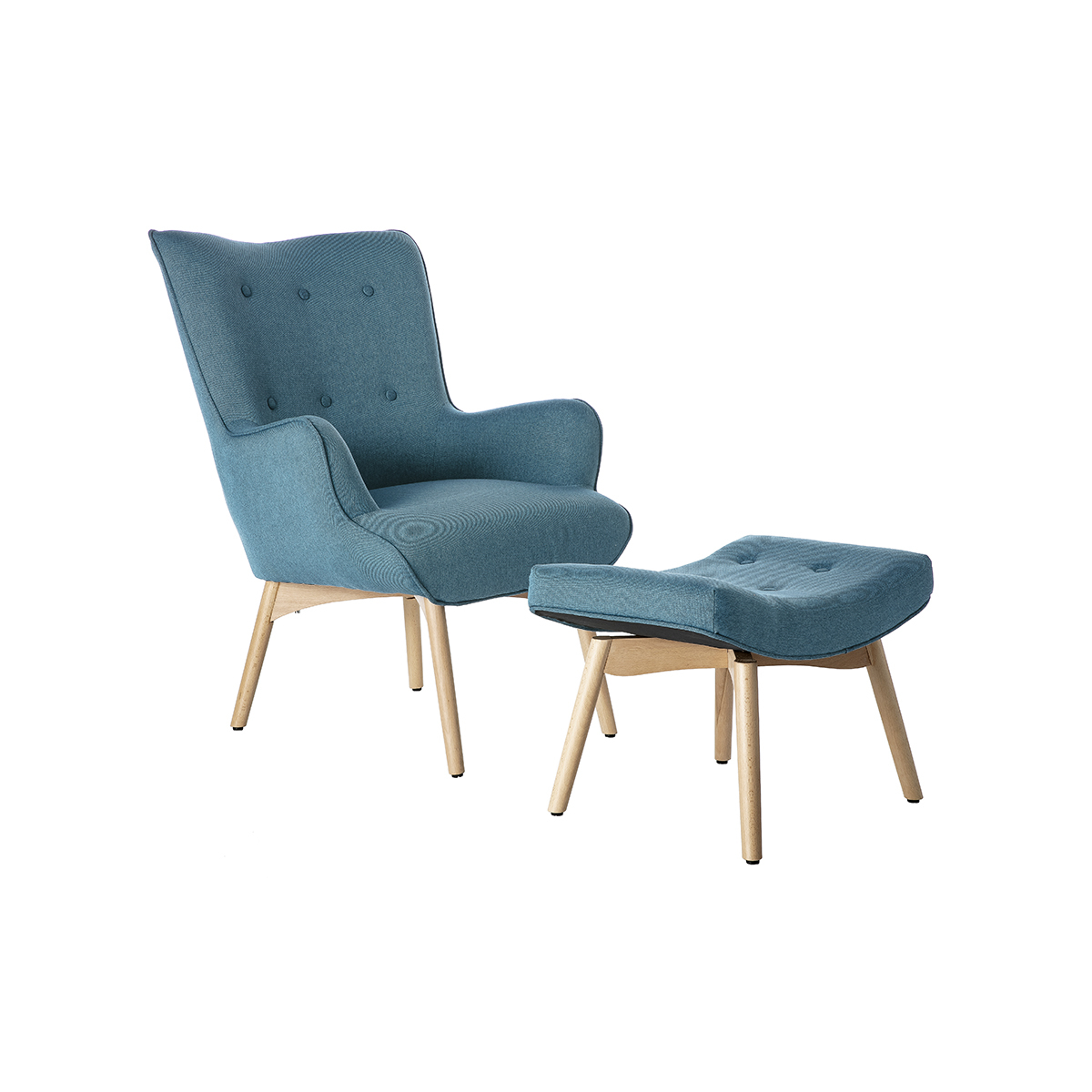 Sillón diseño escandinavo y reposapiés azul petróleo y madera clara BRISTOL
