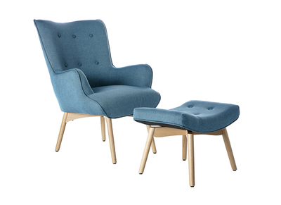 Sillón diseño escandinavo y reposapiés azul petróleo y madera clara BRISTOL