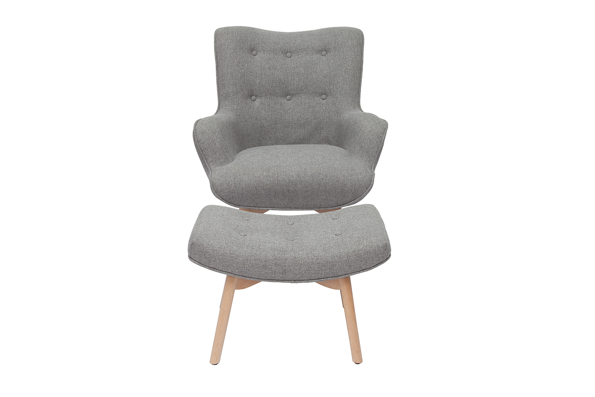 Sillón diseño escandinavo y reposapiés gris claro y madera clara BRISTOL