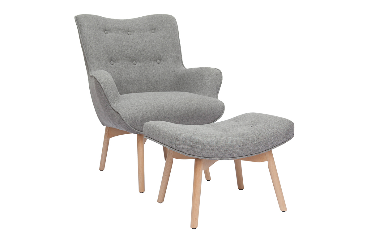 Sillón diseño escandinavo y reposapiés gris claro y madera clara BRISTOL