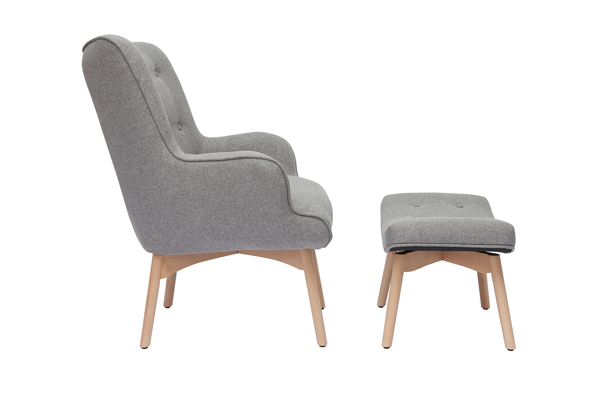 Sillón diseño escandinavo y reposapiés gris claro y madera clara BRISTOL
