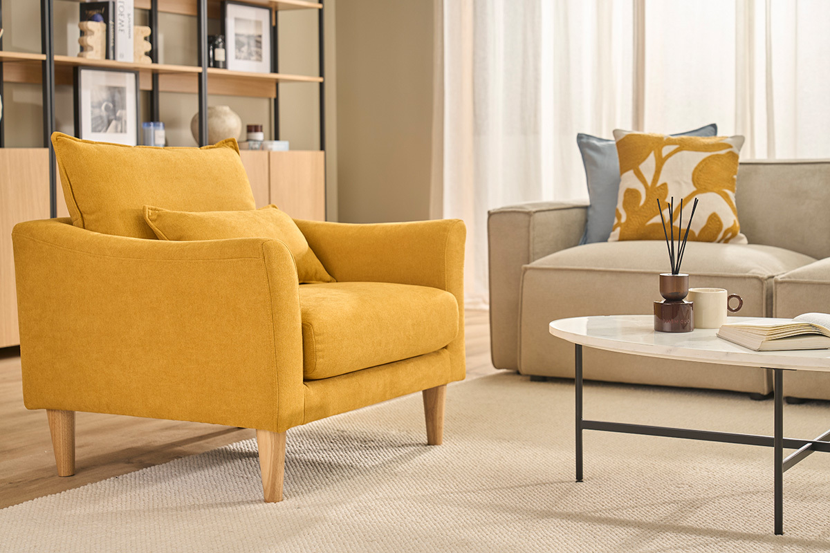 Sill�n dise�o tejido efecto terciopelo amarillo mostaza y roble KATE