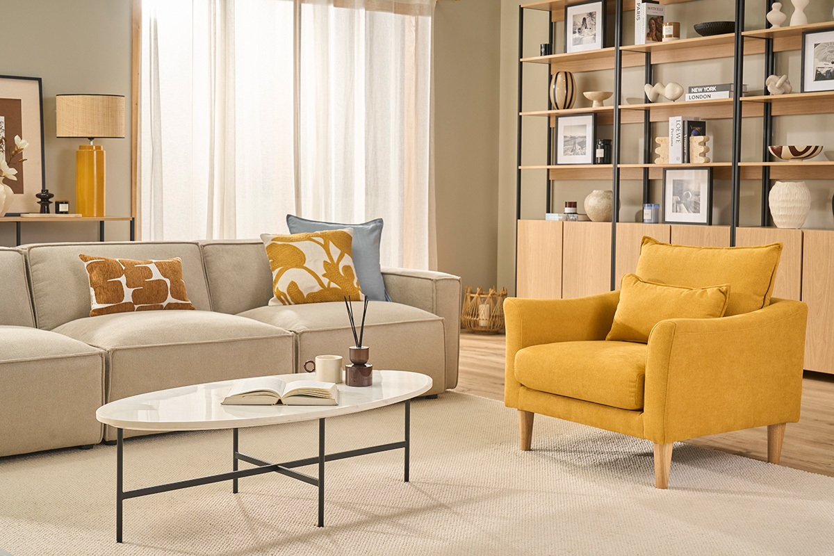 Sill�n dise�o tejido efecto terciopelo amarillo mostaza y roble KATE